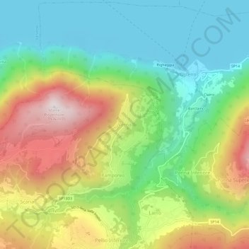 Topografische kaart Verna, hoogte, reliëf