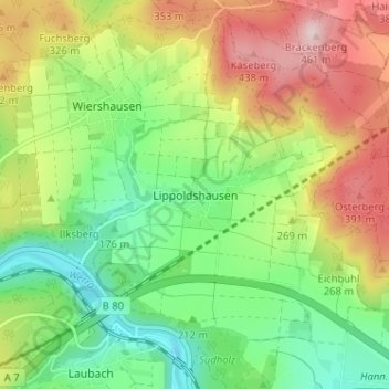 Topografische kaart Lippoldshausen, hoogte, reliëf
