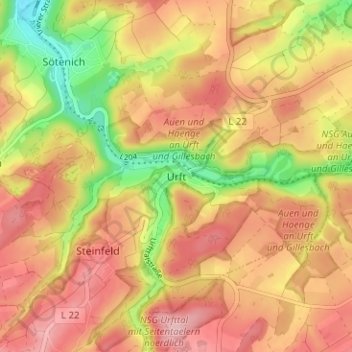 Topografische kaart Urft, hoogte, reliëf