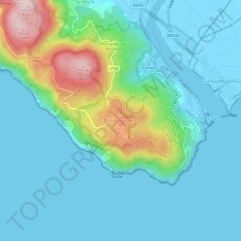 Topografische kaart Montemarcello, hoogte, reliëf