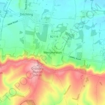 Topografische kaart Westmeston, hoogte, reliëf