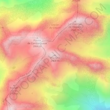 Topografische kaart Puy Gris, hoogte, reliëf