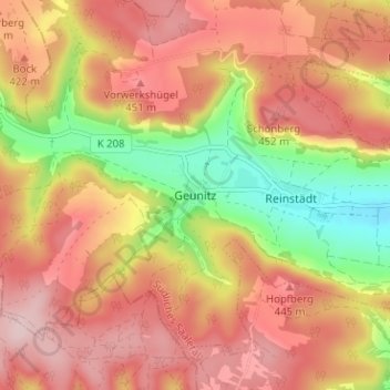 Topografische kaart Geunitz, hoogte, reliëf