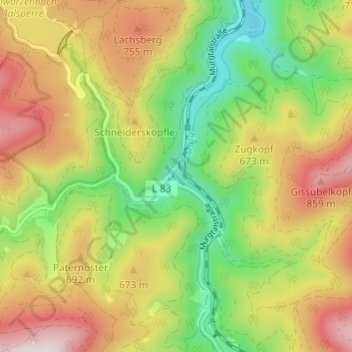 Topografische kaart Raumünzach, hoogte, reliëf