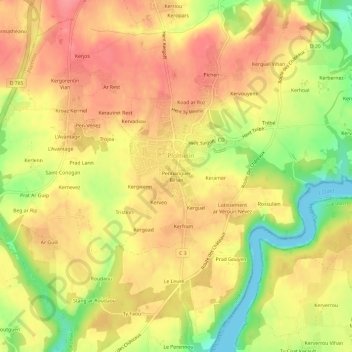 Topografische kaart Pennanguer Bihan, hoogte, reliëf