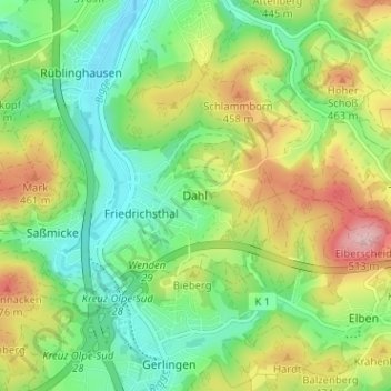 Topografische kaart Dahl, hoogte, reliëf