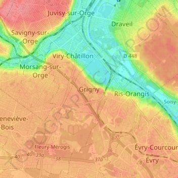 Topografische kaart Grigny, hoogte, reliëf