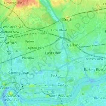 Topografische kaart East Ham, hoogte, reliëf