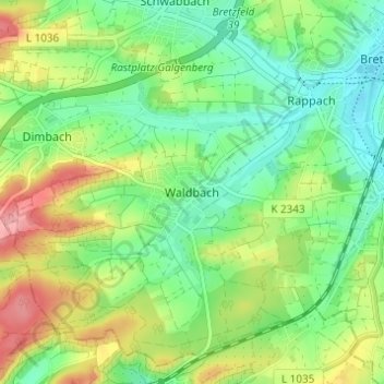 Topografische kaart Waldbach, hoogte, reliëf