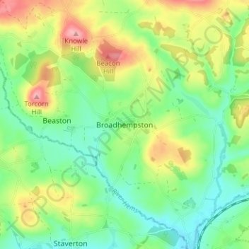 Topografische kaart Broadhempston, hoogte, reliëf