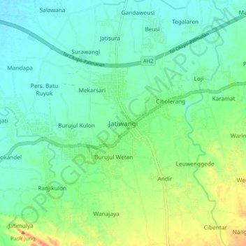 Topografische kaart Jatiwangi, hoogte, reliëf