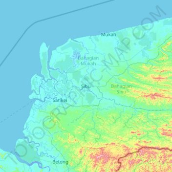 Topografische kaart Sibu Division, hoogte, reliëf