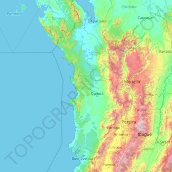 Topografische kaart Chocó, hoogte, reliëf