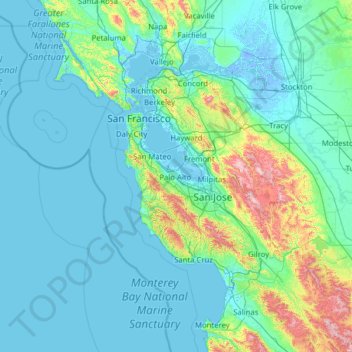 Topografische kaart Silicon Valley, hoogte, reliëf