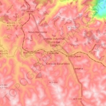 Topografische kaart Carandaí, hoogte, reliëf