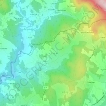 Topografische kaart Le Faveyrial, hoogte, reliëf