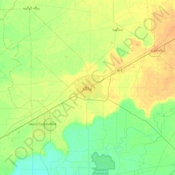Topografische kaart Okara, hoogte, reliëf