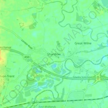 Topografische kaart Shardlow, hoogte, reliëf
