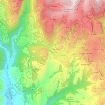 Topografische kaart Arzerè, hoogte, reliëf