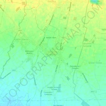 Topografische kaart Valvasone, hoogte, reliëf