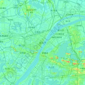 Topografische kaart Wuhan, hoogte, reliëf