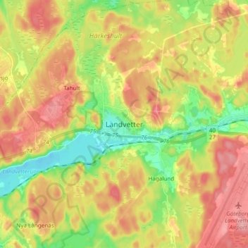 Topografische kaart Landvetter, hoogte, reliëf