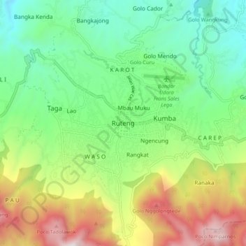 Topografische kaart Ruteng, hoogte, reliëf