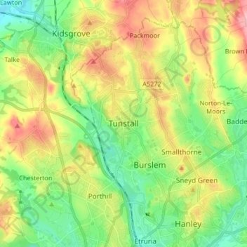 Topografische kaart Tunstall, hoogte, reliëf
