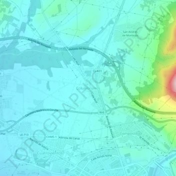 Topografische kaart Columbrianos, hoogte, reliëf