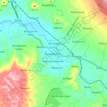 Topografische kaart Guinobatan, hoogte, reliëf