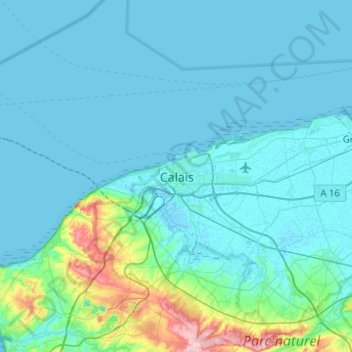 Topografische kaart Calais, hoogte, reliëf