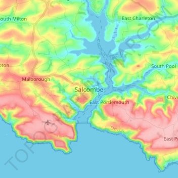 Topografische kaart Salcombe, hoogte, reliëf