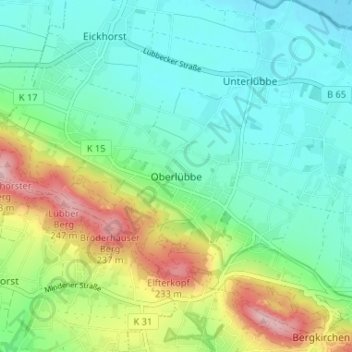 Topografische kaart Oberlübbe, hoogte, reliëf