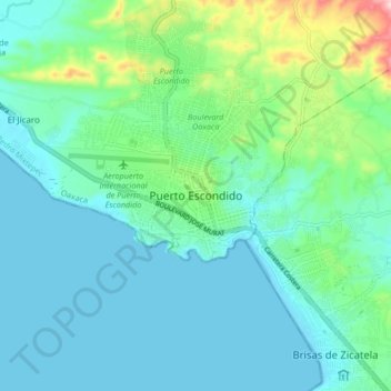 Topografische kaart Puerto Escondido, hoogte, reliëf