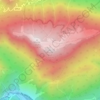 Topografische kaart Monte Jouf, hoogte, reliëf