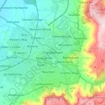 Topografische kaart Cheltenham, hoogte, reliëf