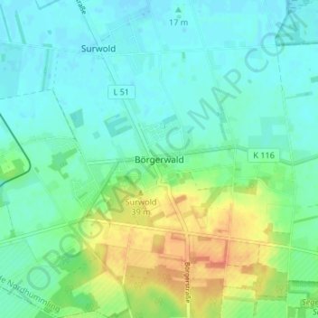 Topografische kaart Börgerwald, hoogte, reliëf