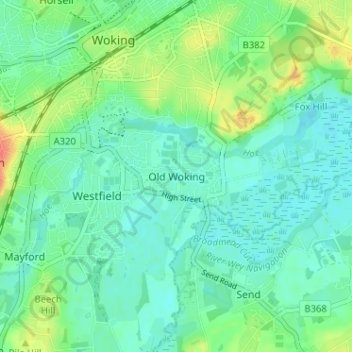 Topografische kaart Old Woking, hoogte, reliëf