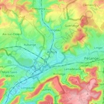 Topografische kaart Athus, hoogte, reliëf