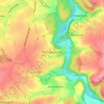 Topografische kaart Zschöppichen, hoogte, reliëf