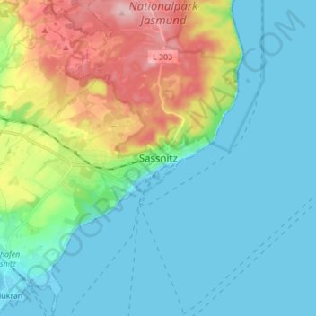 Topografische kaart Sassnitz, hoogte, reliëf