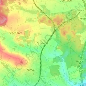 Topografische kaart Schönfeld, hoogte, reliëf