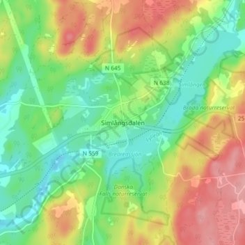 Topografische kaart Simlångsdalen, hoogte, reliëf