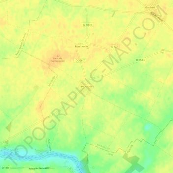 Topografische kaart Pruneville, hoogte, reliëf