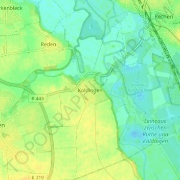 Topografische kaart Koldingen, hoogte, reliëf