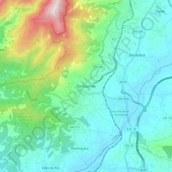 Topografische kaart Tortosendo, hoogte, reliëf