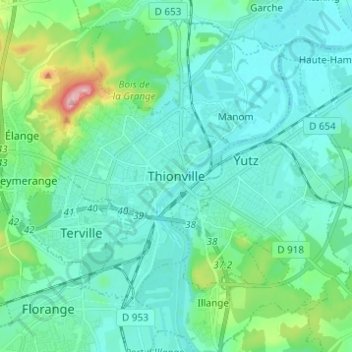 Topografische kaart Thionville, hoogte, reliëf