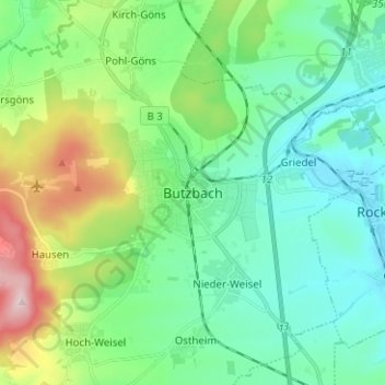 Topografische kaart Butzbach, hoogte, reliëf