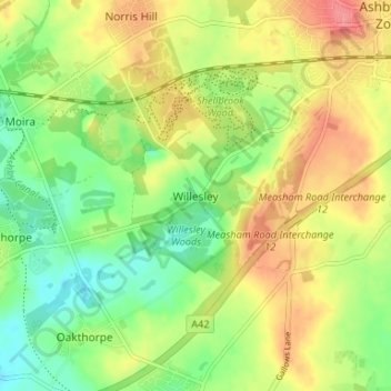 Topografische kaart Willesley, hoogte, reliëf