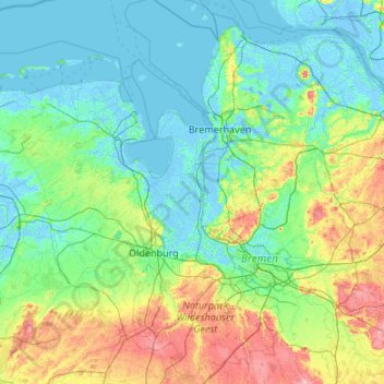 Topografische kaart Wesermarsch, hoogte, reliëf